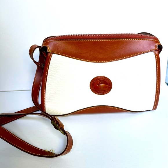 Dooney & Bourke Handbags - Dooney and Bourke Vintage 1980's Zip Top Crossbody Handbag White AWL Camel Trim